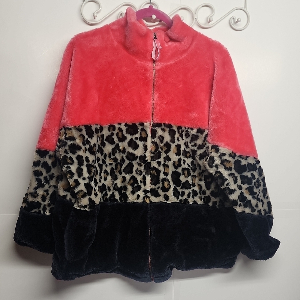UGG oversized pink & black puffer jacket plush animal print color block  szS